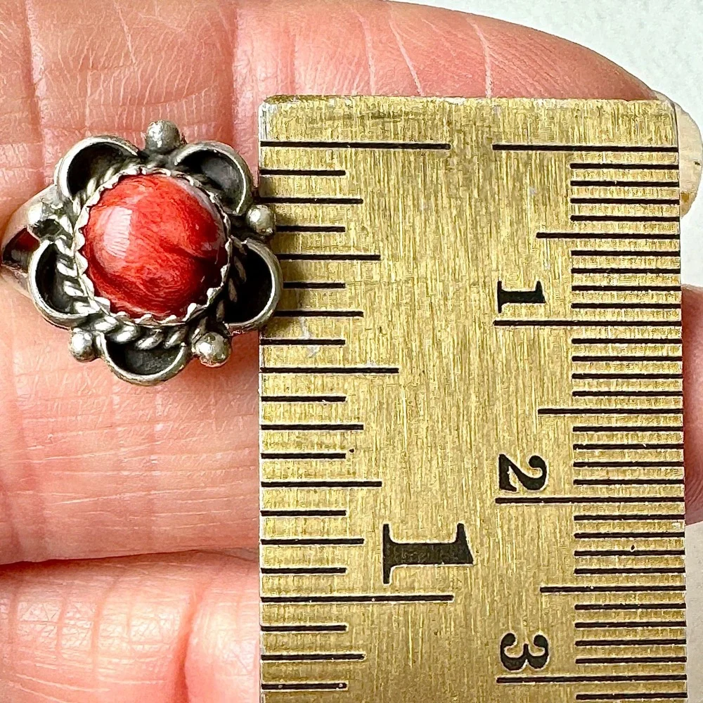 Navajo Flower Ring Red Spiny Oyster Sz 8 Sterling Silver Scalloped Native Amer‎